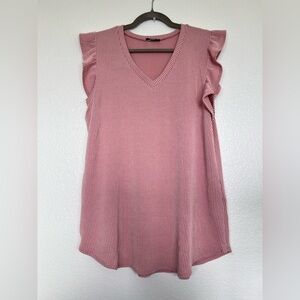 Dusty rose flutter shoulder ribbed top, size 1X
